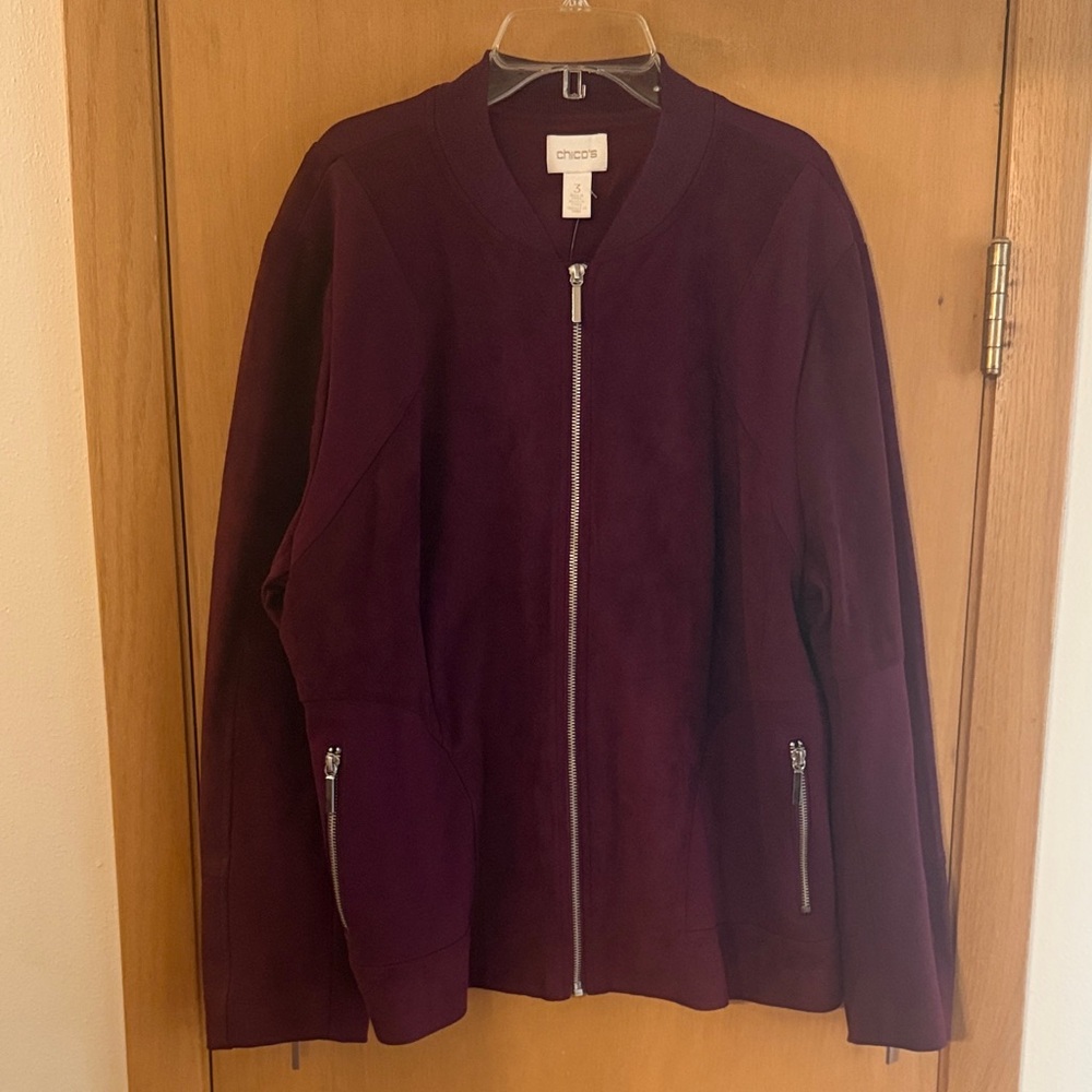 Chico’s Women’s Faux Suede Bomber Jacket New Burgundy Wine Size XL (3)